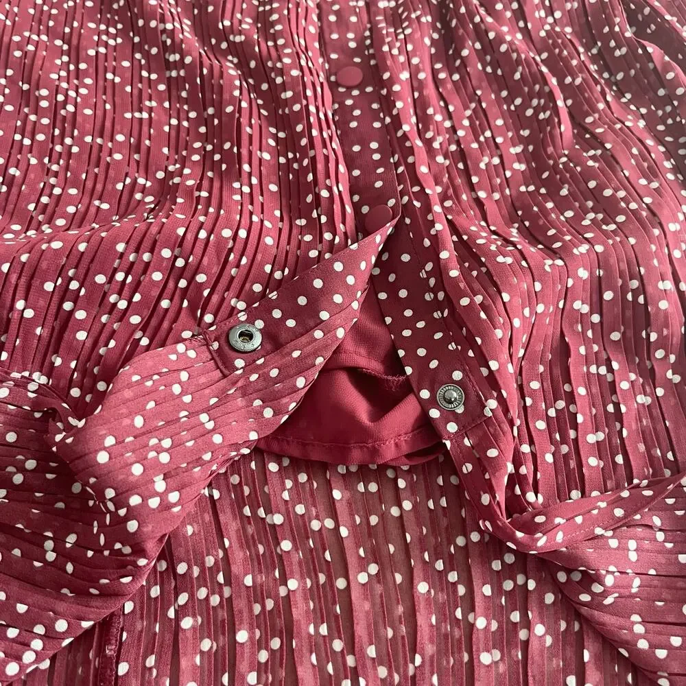 Zara Burgundy Red Polka Dot Print Pleated Tie Waist Maxi Skirt Size XL